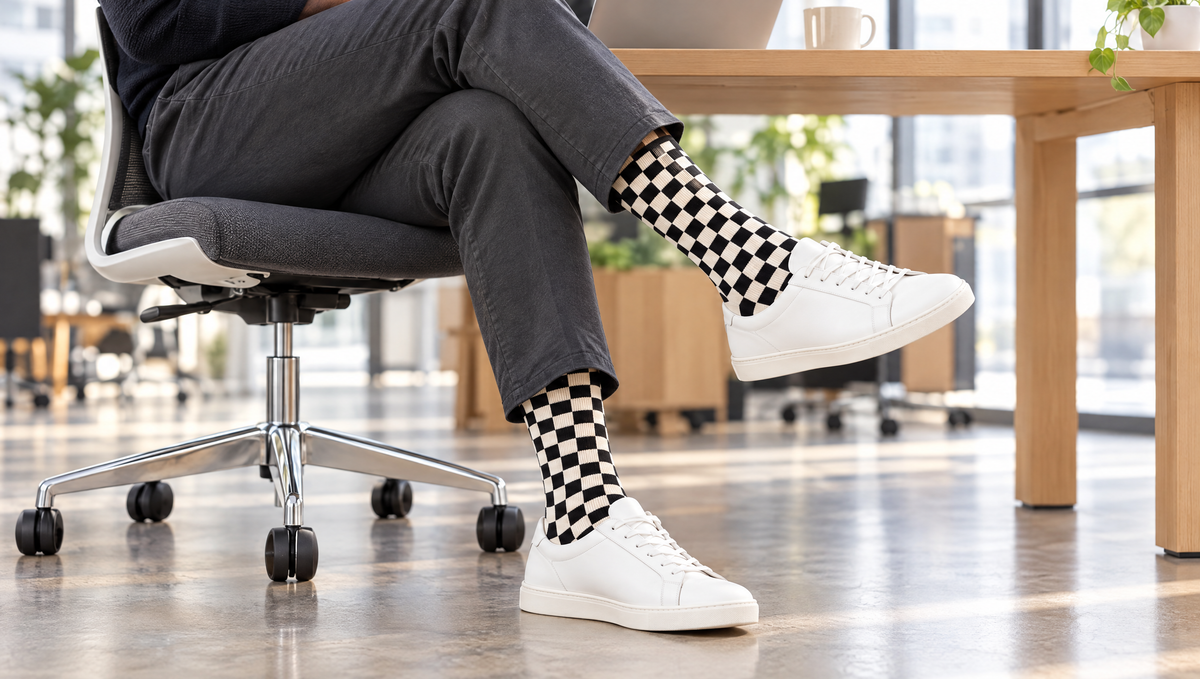Checker knee-high compression socks with charcoal chinos and white sneakers at an office desk