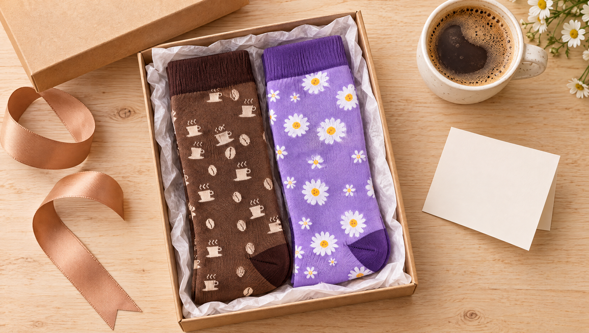 Espresso and Daisy knee-high compression socks folded in a gift box beside a cup of coffee