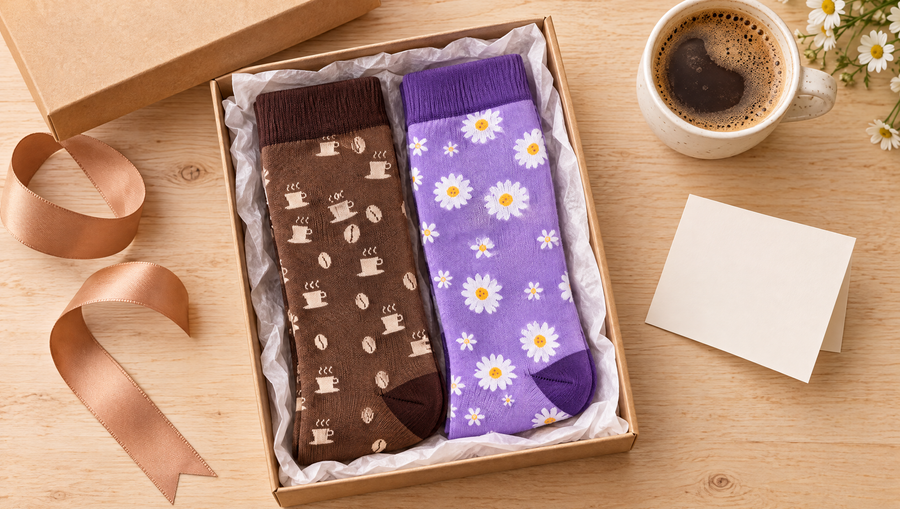 Espresso and Daisy knee-high compression socks folded in a gift box beside a cup of coffee