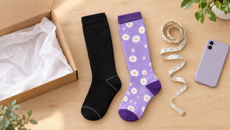 Black and Daisy knee-high compression socks beside a delivery box and a tape measure
