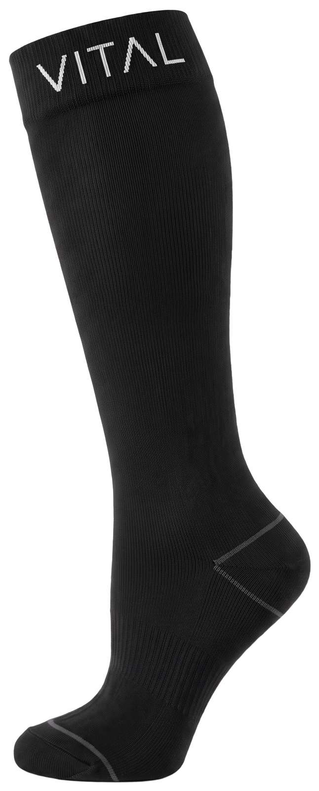 Black knee-high compression sock, white logo cuff with grey heel and toe lines, side view