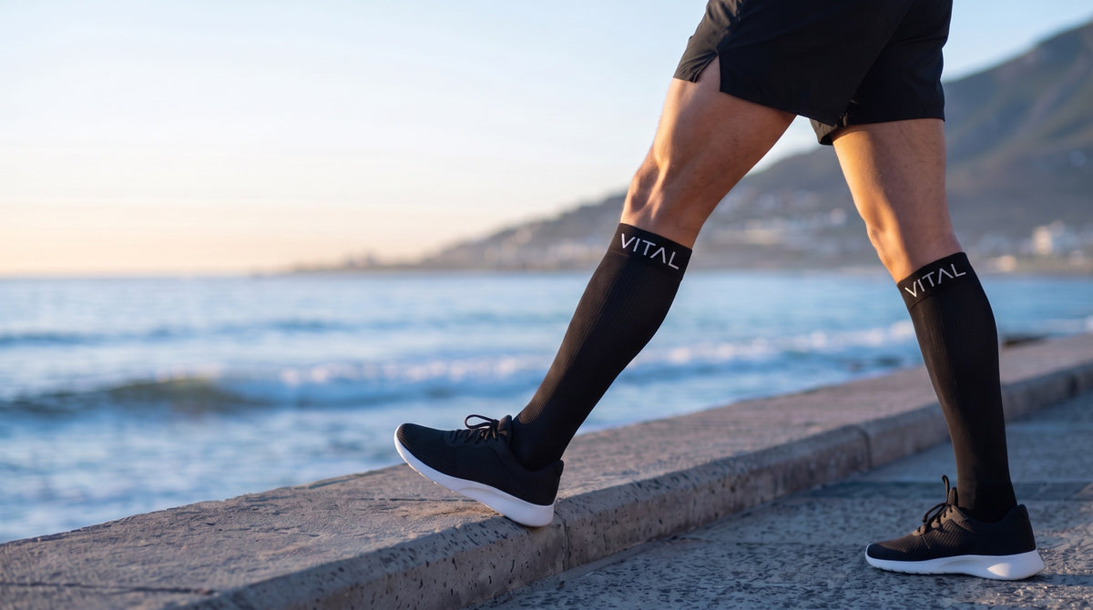 Black knee-high compression socks, mid-step onto a low sea wall, sea and mountain behind