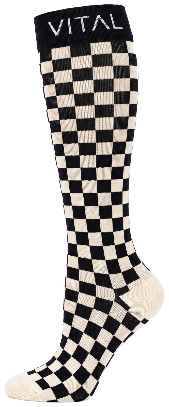 Checker knee-high compression sock, black and cream check, black cuff and cream heel, side view