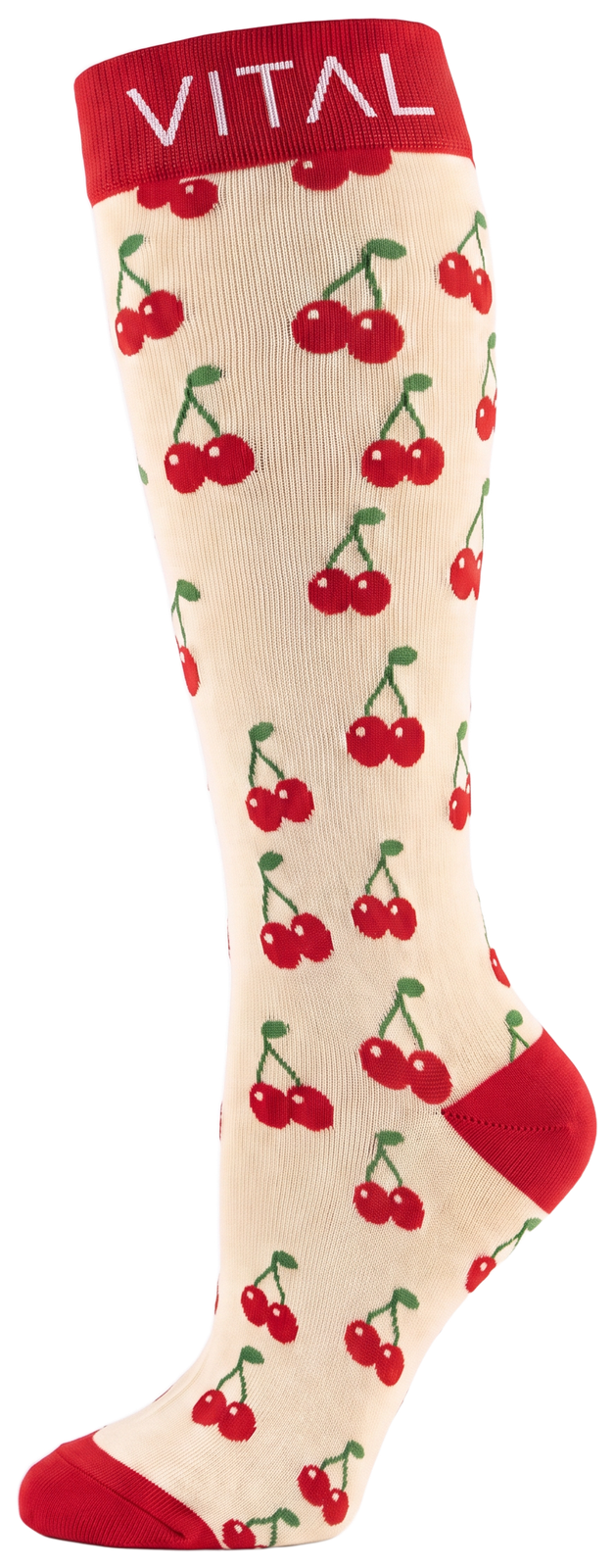 Cherry Pop knee-high compression sock, red cherries on cream, red cuff, heel and toe, side view