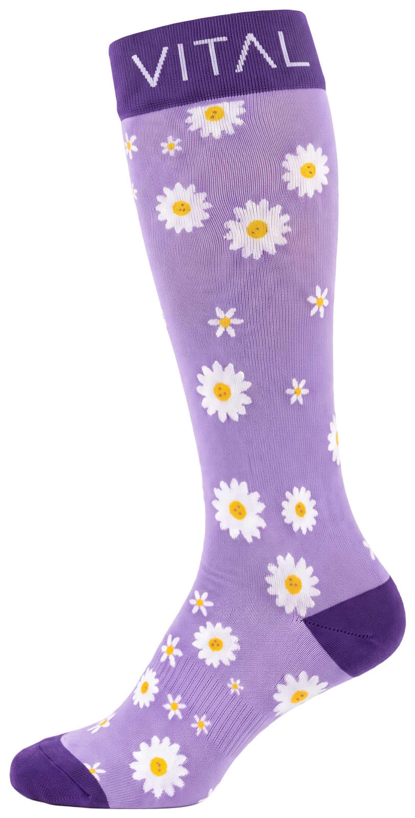 Daisy knee-high compression sock, white daisies on lilac, purple cuff, heel and toe, side view