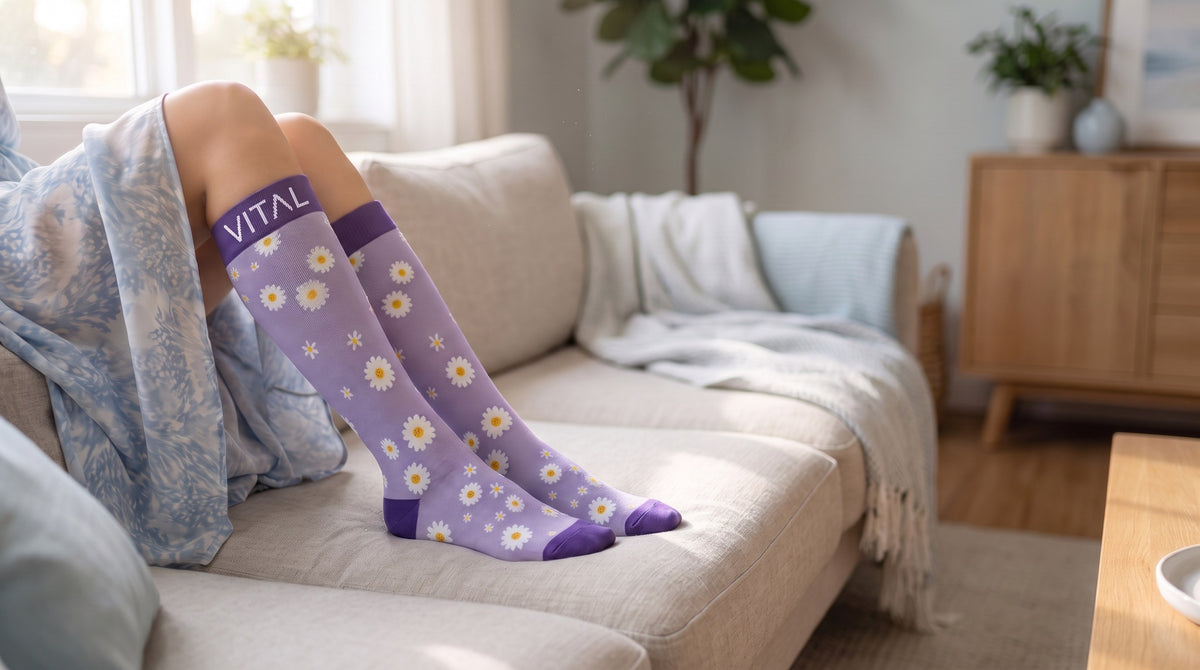 Daisy knee-high compression socks, feet up on a cream couch by a sunlit window, plants behind