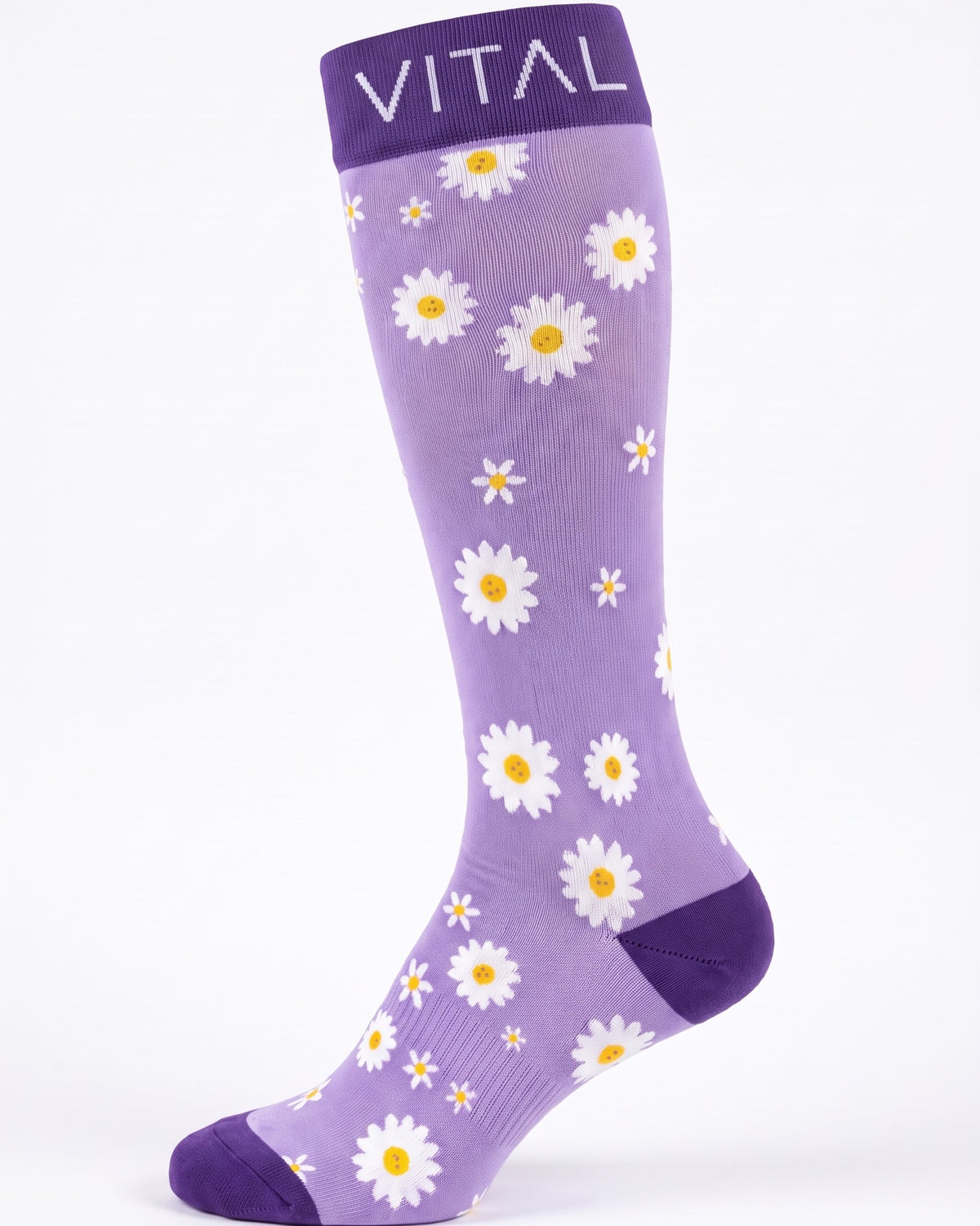 Daisy knee-high compression sock, daisy print and deep purple logo cuff, studio shot on white