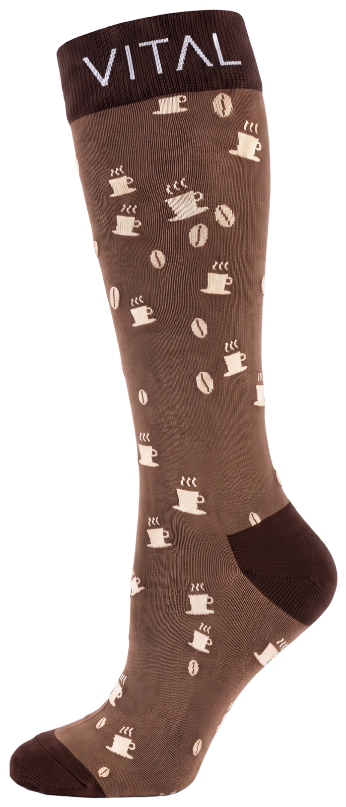 Espresso knee-high compression sock, cream coffee cups and beans on brown, dark brown cuff, side view